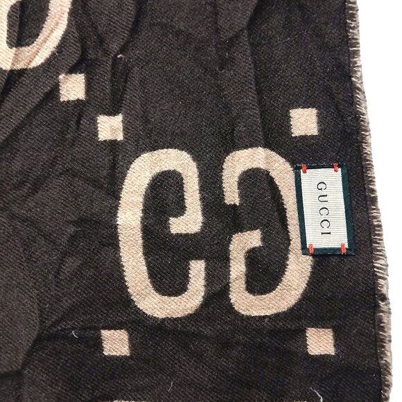 Gucci Chocolate Brown & Tan Reversible Big GG Logo Print Scarf Vintage Pre-Owned - Picture 6 of 7